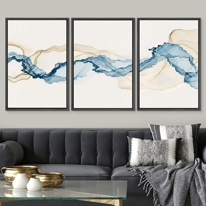 SIGNWIN Framed Canvas Print Wall Art Set Blue Tan Smoke Wave Landscape Abstract Shapes Illustrations Modern Art Decorative Contemporary Colorful for Living Room, Bedroom, Office - 16"x24"x3 Black