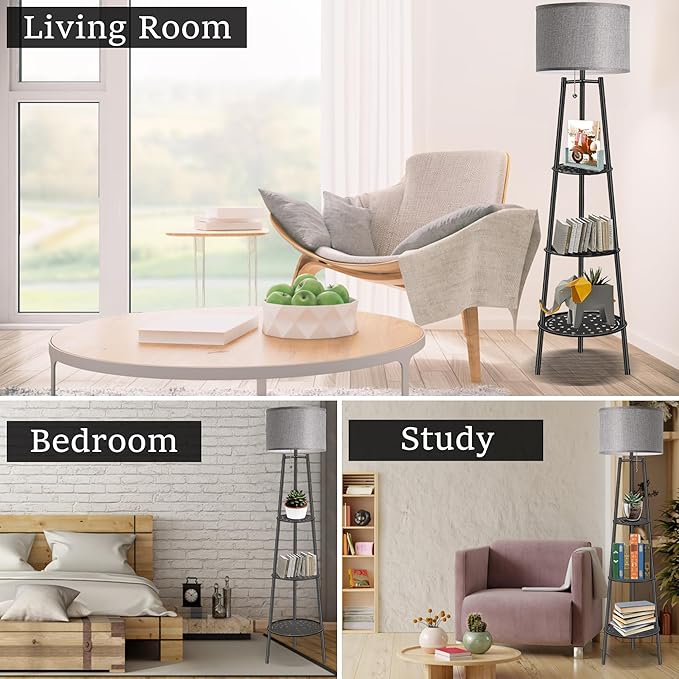 Floor Lamp with Shelves, Modern Standing Lamp with 3 Color Temperature LED Bulbs, Corner Floor Lamps for Living Room & Bedroom, Lamparas Elegantes para Sala (Gray Lampshade, 1)