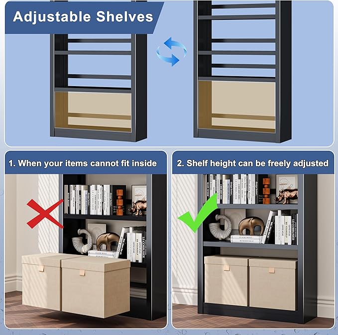 Black Bookshelf，6-Tier Bookcase with Adjustable Storage Shelves，Metal Bookshelf with Book Stopper for Living Room, Home Office, Library