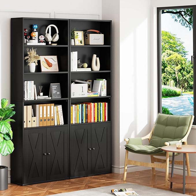 Vongrasig 6-Tier Open Bookcase and Bookshelf with Doors, Floor Standing Farmhouse Display Storage Shelves 71 Inch Wood Tall Bookcase for Home Office, Living Room, Bed Room, Black, 2 Pieces