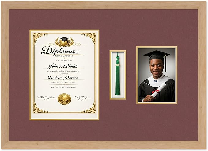CountryArtHouse Diploma Tassel and Photo Shadowbox Fits 8.5 x 11 Certificate (Portrait) with Tassel Hook Natural Wood Genuine Hardwood with Dark Red Over Metallic Gold Double mat