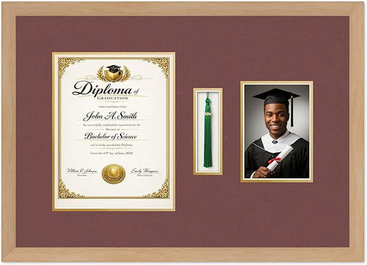 CountryArtHouse Diploma Tassel and Photo Shadowbox Fits 8.5 x 11 Certificate (Portrait) with Tassel Hook Natural Wood Genuine Hardwood with Dark Red Over Metallic Gold Double mat