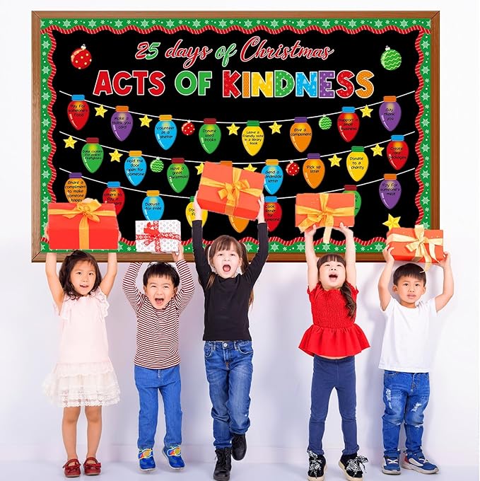 Christmas Bulletin Board Set Christmas Kindness Classroom Decoration Xmas Countdown Bulletin Board Winter Xmas Star Colorful Light Bulb Cutouts for Holiday Classroom Home School Chalkboard Wall Decor