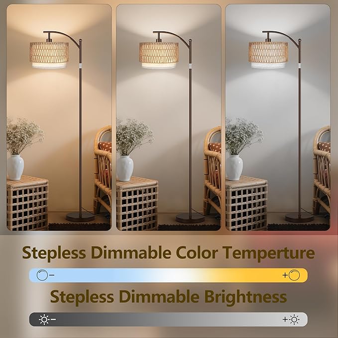 ROTTOGOON Arc Floor Lamps for Living Room, Boho Farmhouse Floor Lamp with Remote & Dimmable Bulb, Standing Lamp with Rattan & Fabric Shades, Adjustable Tall Lamp for Bedroom Office-Brown