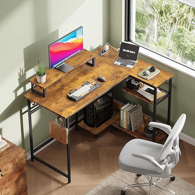 DEVAISE 43 Inch L Shaped Gaming Desk with LED Lights & Power Outlets, Corner Desk for Small Spaces, Sturdy PC Computer Table with Storage for Home Office, Rustic Brown