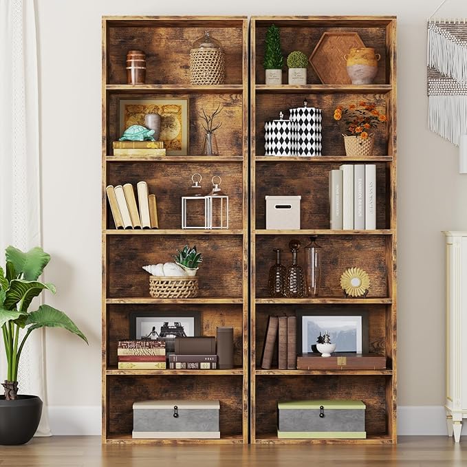 6-Tier Bookshelf & Bookcase Set of 2, Floor Standing Open Book Shelf, Wooden Display Storage Shelves with Anti-Tipping Device, 71" Tall Bookshelves for Bedroom, Living Room and Office, Brown