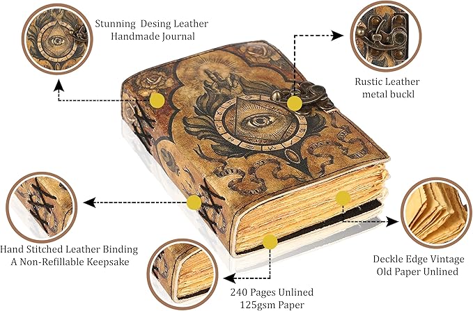 TUZECH Book of Spells Leather Bound Journal Deckle Edge Paper Grimoire Printed Diary Third Eye witchcraft supply and Witch Spell Notebook Antique Vintage Book for Men and Women (The Third Eye)