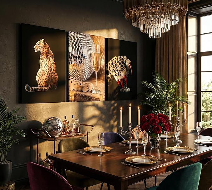 SOUHLP 3Pcs Leopard Canvas Wall Art Elegant Leopard Prints Artwork Modern Disco Ball and Claw Wall Decor for Living Room Bedroom Girls Bedroom Office Home Decoration 12x16in
