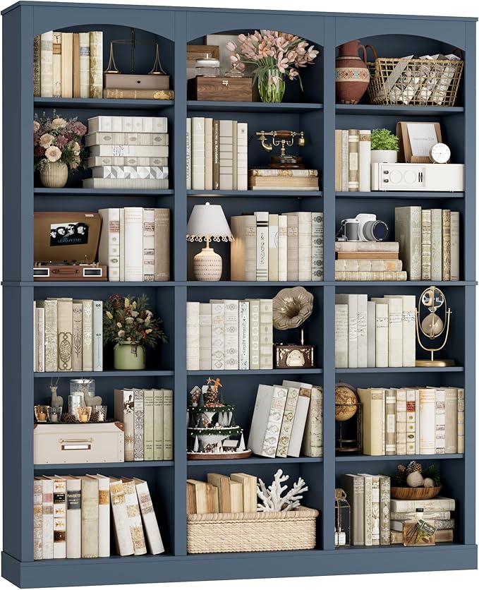 FACBOTALL 71" Triple Wide Bookshelf, 6 Tier Tall Bookshelf, Large Arched Bookcase with Curved Baffle, 63.4" Wide Book Shelf with 18 Open Display Shelves for Living Room, Study, Blue