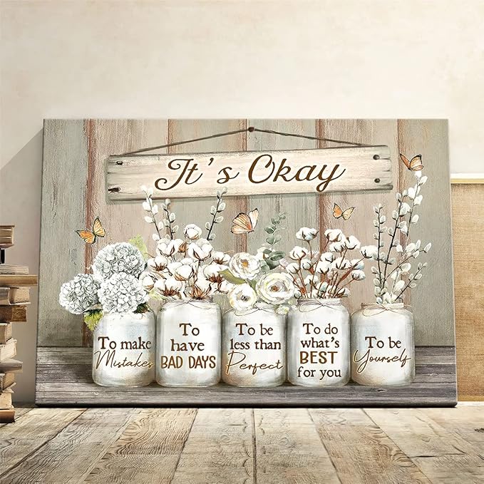 Parylore Floral Farmhouse Wall Art Canvas Encouraging Bible Verse On Marson Jars and Butterfly Print Wall Decor It's Okay Inspirational Quotes Picture Framed for Bedroom Decor 16x20 In