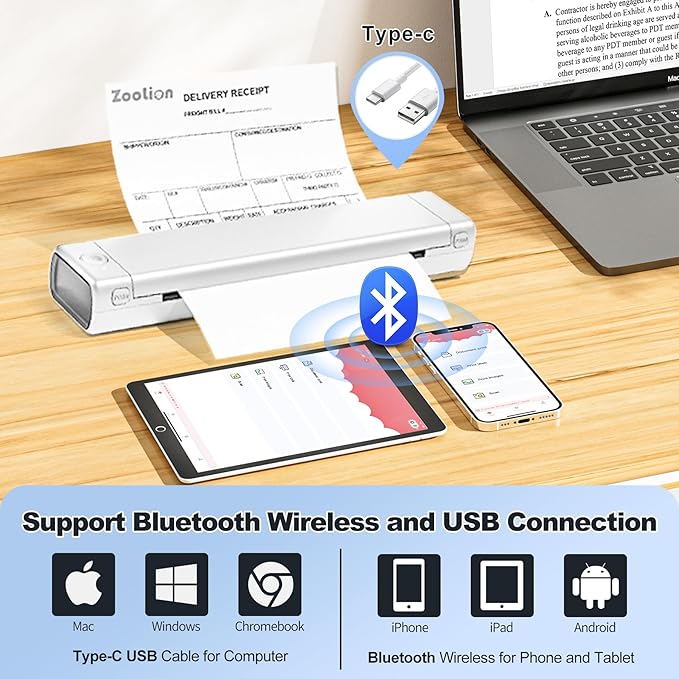 Zoolion Portable Thermal Printer for Travel, M08F Compact Inkless Printer for Home Office, Wireless Portable Printer, Thermal Printer, Support 8.5" X 11" US Letter Size Thermal Paper