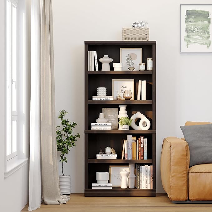 blini Wooden Bookshelf and Bookcase Set of 2, Cherry Wood Double Wide Large Bookshelves 5 Tier Tall Bookshelf with Storage Cabinets for Living Room, Home Office, Library (Cherry Wood, 5-Shelf)