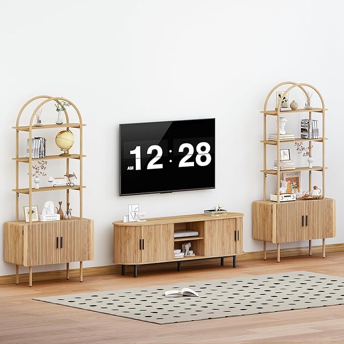 71" Tall Fluted Arched Bookshelf with Doors, Mid Century Modern Metal Bookcase Cabinet with Storage, 4-Tier Industrial Organizer Rack Storage Shelves for Home Office, Living Room (Natural)