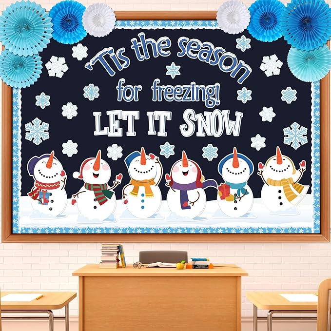 Winter Bulletin Board Set Let It Snow Wonderland Classroom Decorations Snowman Snowflake Paper Cutouts with Paper Fans for Winter Holiday School Classroom Home Wall Decor