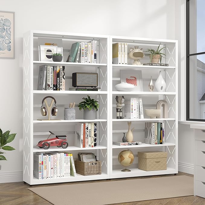 5 Tier Bookshelf, 55"Tall Metal Bookcase with Adjustable Shelves, Modern Display Book Shelf, White Bookcase Shelf, Utility Shelf, Storage Shelves for Office, Living Room, Kitchen, Study-31"W