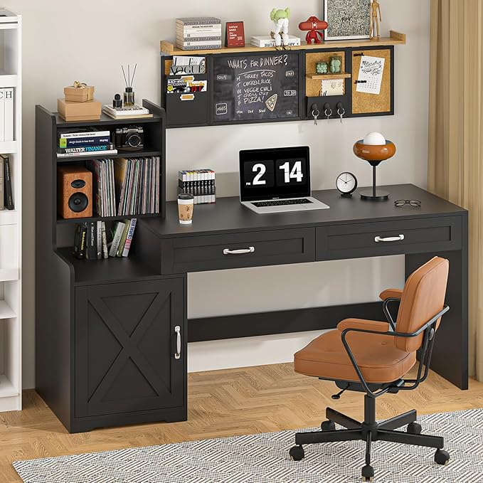 60" Computer Desk with 2 Drawer & Bookshelves, Home Office Desk with Storage Cabinet & Spacious Desktop, Writing Gaming Study Table with Bookcase, Black