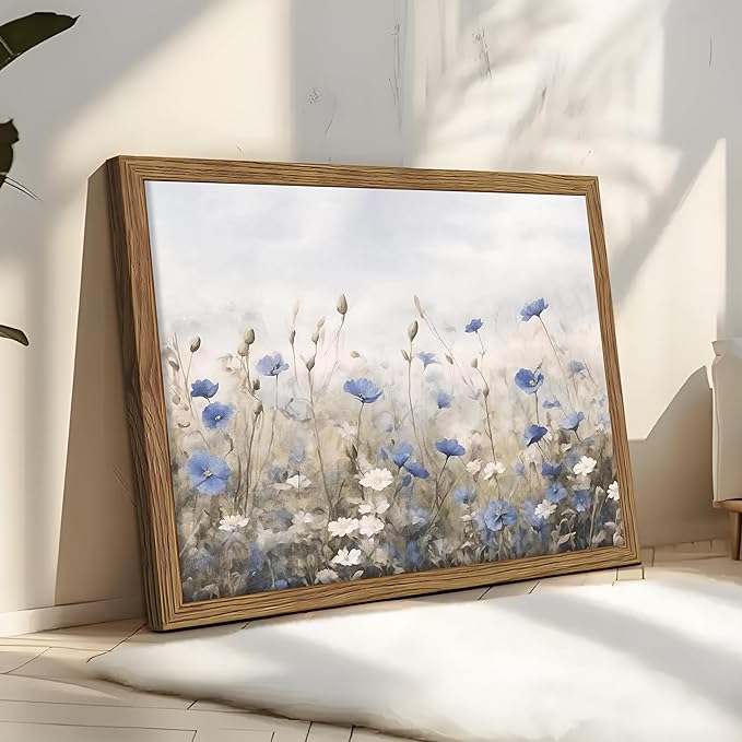 Vintage Floral Wall Art, Blue White Wildflower Botanical Canvas Wall Decor, Nature Landscape Artwork Painting, Rustic Farmhouse Flower Prints Pictures for Bedroom Living Room 16x24 Inch Framed
