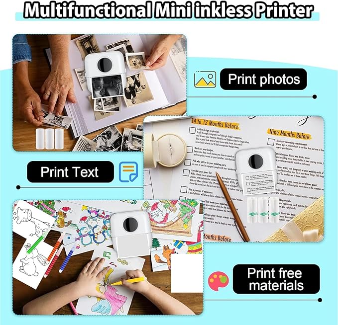 Portable Thermal Sticker Printer with Bluetooth Connectivity for Mobile Devices - Includes 10 Rolls of 57 x 26 mm Self Adhesive Paper - Inkless Printing for Office and Personal Use