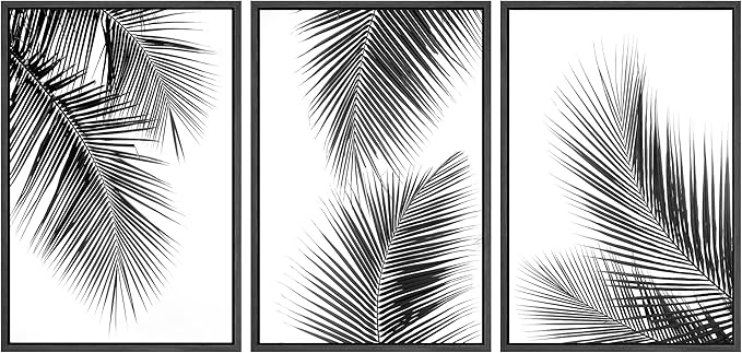 SIGNWIN 3 Piece Framed Canvas Wall Art Black and White Tropical Leaves Canvas Prints Home Artwork Decoration for Living Room,Bedroom - 16"x24"x3 Black