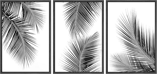 SIGNWIN 3 Piece Framed Canvas Wall Art Black and White Tropical Leaves Canvas Prints Home Artwork Decoration for Living Room,Bedroom - 16"x24"x3 Black