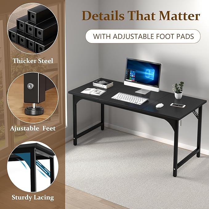 55 X 23.6 Inch Computer Desk, Office Desk w/Deeper Carbon Fiber Desktop, Modern Simple Study Table w/Sturdy Metal Frame & Large Legroom, Gaming Writing Work Desk for Home Office, Bedroom