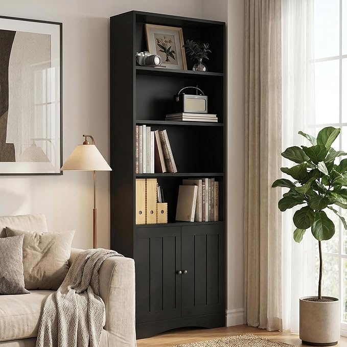 Gizoon Bookcase, Bookshelves and Bookcases, 71” 6-Shelf Bookcase with Doors, Floor Standing Display Storage Shelves, with Adjustable Shelves, for Home, Office, Living Room, Bedroom, Black