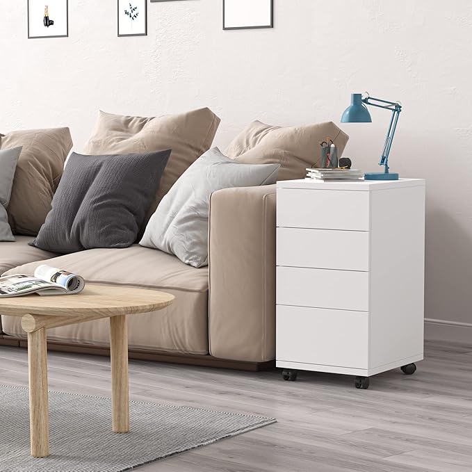TTVIEW 4-Drawer Chest, Mobile Wood Storage File Cabinet, Filing Cabinet with Wheels, Rolling Pedestal Under Desk White 12.9x15.3X 25 in