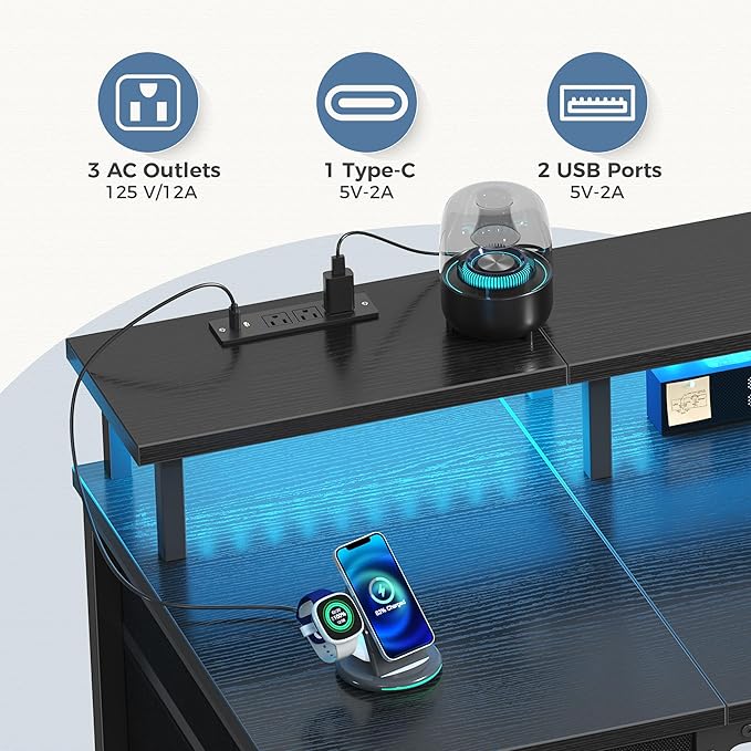 DUMOS 40 Inch Computer Desk with 4 Drawers,4 Drawer Gaming Desk with with Power Outlets and LED Lights,Office Desk for Small Spaces with Monitor Shelf,Writing Desk for Home Office, Bedroom,Study,Black