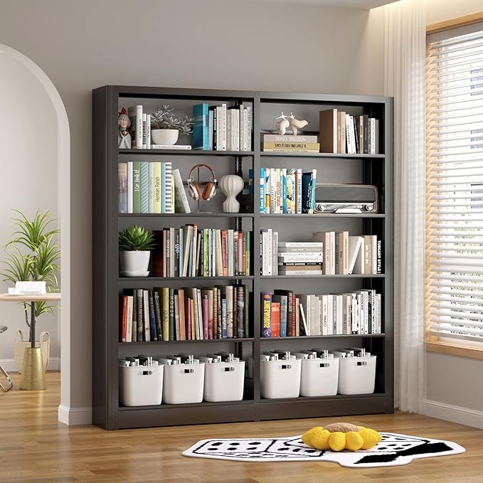 5-Tier Industrial Black Metal Bookshelf - Freestanding Tall Storage Organizer for Living Room & Home Office