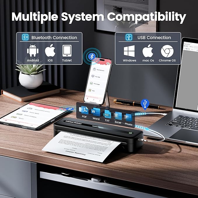 Portable Printer, 300DPI Wireless Bluetooth Thermal Printers, Support Multi-Size Thermal Paper, Compatible with iOS, Android & PC, Inkless Mobile Printer for Travel, Office, School, Black