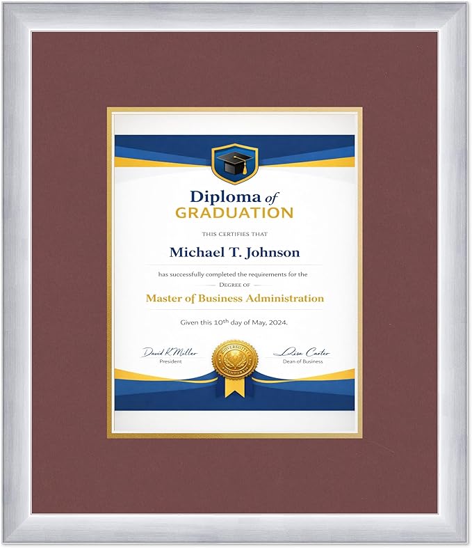 Diploma Frame Stainless Silver with Dark Red Over Gold Double Mat - Fits 8.5 x 11 Certificate (Portrait) Wall Display Made in the USA