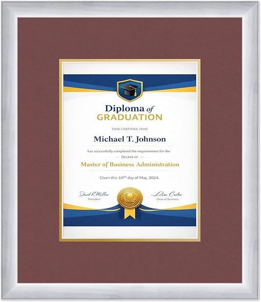 Diploma Frame Stainless Silver with Dark Red Over Gold Double Mat - Fits 8.5 x 11 Certificate (Portrait) Wall Display Made in the USA