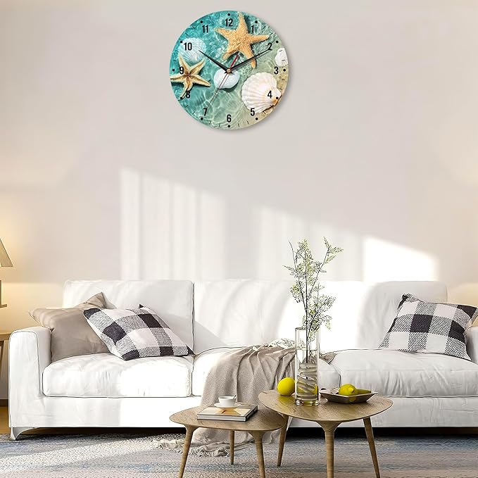 SPUNKER Wall Clock,Beach Seashell Starfish Kitchen Wall Clock,Coastal Clocks 10 Inch Silent Non-Ticking Wall Battery Operated for Living Room Bedroom Bathroom Laundry Room Decor