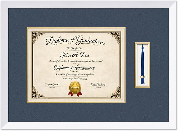 Diploma Frame with Tassel Holder Bright White Shadowbox Navy Blue Over Gold Mat - Fits 13 x 10 Degree Made in the USA