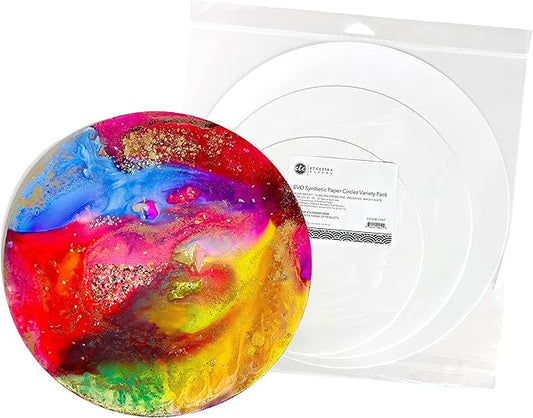Alcohol Ink Synthetic Paper & Watercolor - Non-Absorbent, Heavy Weight & Tear Resistant - Forgiving - Many Inks Wipe Off Clean for Easy Reuse On White - White EVO Circles Variety Sizes (6 Pack)