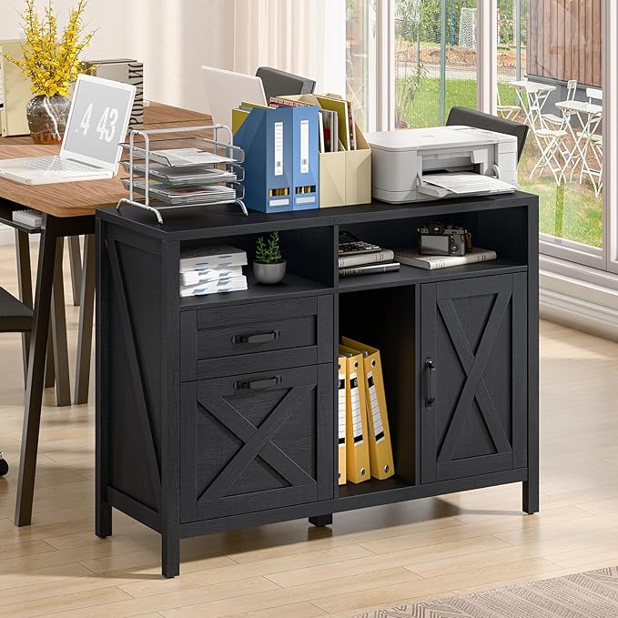 Farmhouse File Cabinet with Doors, Lateral Filing Cabinet with 2 Drawers for Letter/A4 Size Hanging Files, Large Wooden Printer Stand with Open Shelf for Home Office, Rustic Black