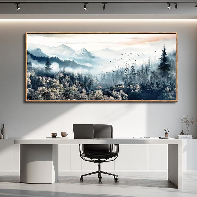 hyidecorart Framed Large Canvas Wall Art, Wall Decor For Living Room Modern Bedroom Home Decoration Forest Landscape Wall Paintings Mountain Pictures Office Stretched Nature Scenery Abstract Artwork