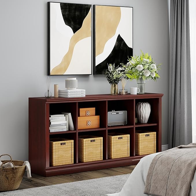 8 Cube Storage Organizer Bookcase - 2 Tiers 8 Storage Cube Adjustable Space Book Case, Display Cabinet Organizer, 54.7 inch Width Horizontal Bookshelf for Home Library Office, Mahogany