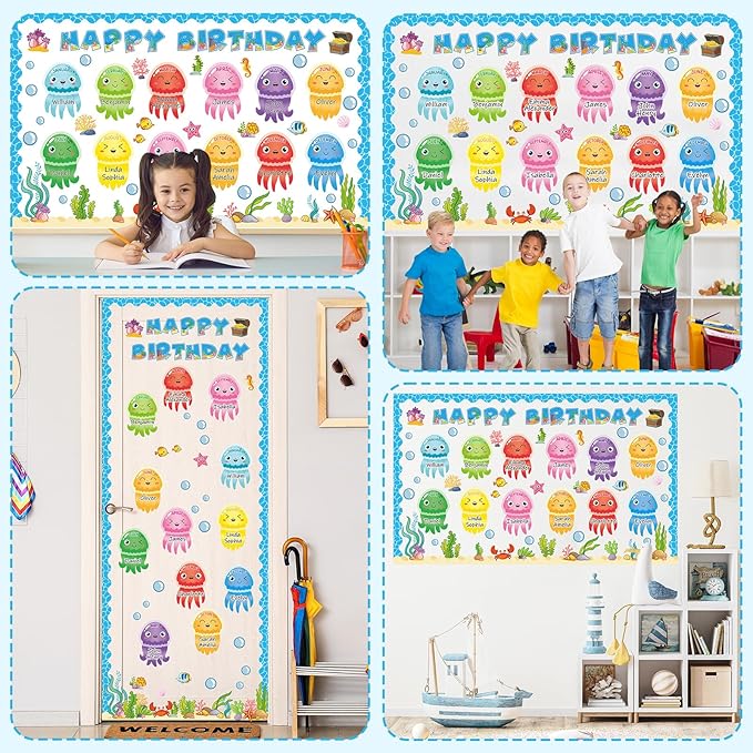 gisgfim Under The Sea Birthday Bulletin Board Decorations Ocean Theme Happy Birthday Classroom Bulletin Board Jellyfish Ocean Creatures Cutouts for School Teacher Student Door Home Wall Decor Supplies