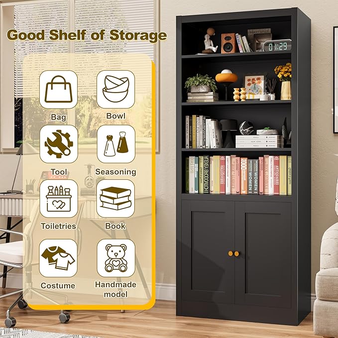 55" Metal Bookshelf with Doors, Freestanding Storage Rack with Cabinet Doors,Heavy Duty Steel Shelving for Pantry, Kitchen, Closet, Garage,Home Office (Black)