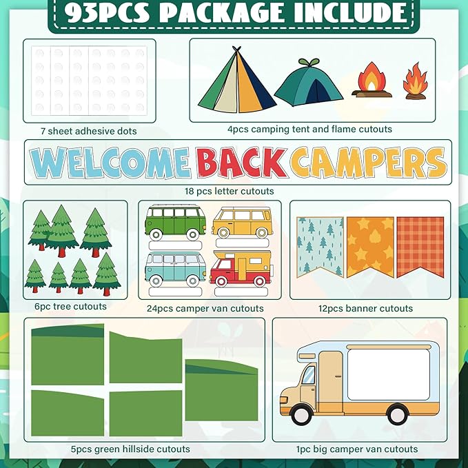 Summer Camping Bulletin Board Decorations Set Welcome Back Camper Classroom Decor Adventure Camp Themed Campfire Tent Paper Cutouts for Woodland Party Back to School Chalkboard Wall Supplies Favor