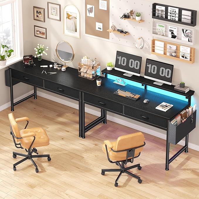 47.3Inch Gaming Desk with LED Lights with 2 Drawers, Home Office Desk Computer Desk with Side Pocket & Ergonomic Monitor Stand, Small Space Study Writing Table with Anti-Tip Design,Black