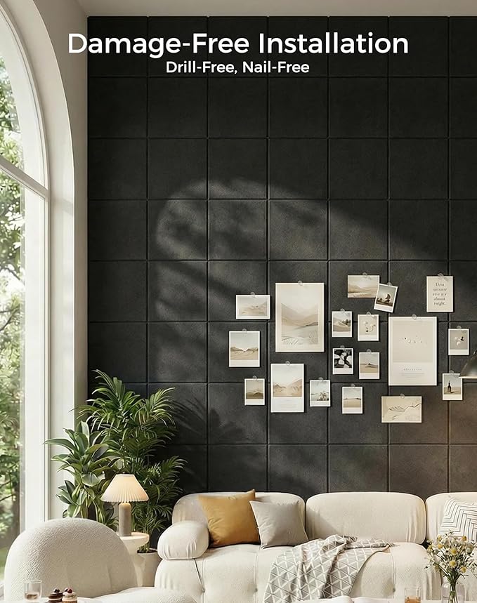 Aothia 12-Pack Felt Bulletin Board Tiles for Walls - 48x36 Modular Bulletin Board, Cork Board Alternative Pin Board for Office & Classroom, 70 Adhesive Tabs & 40 Push Pins Included (Black)