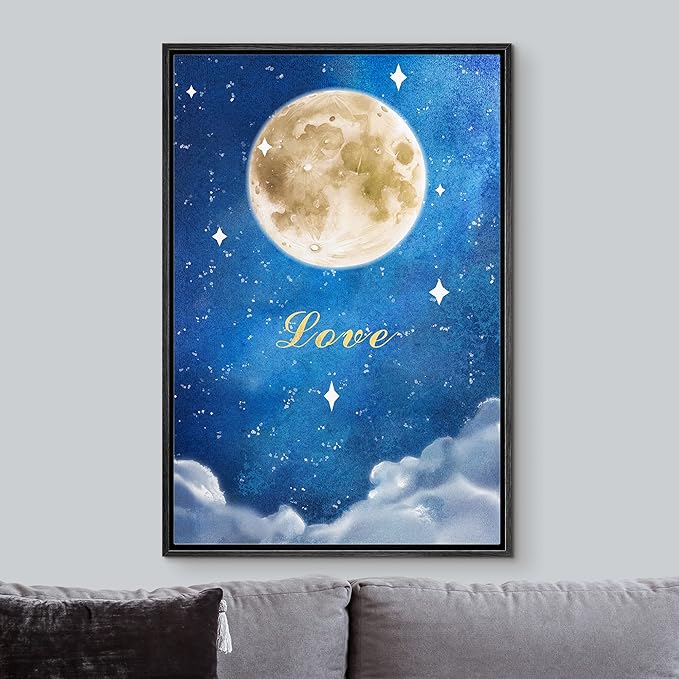 IDEA4WALL Framed Canvas Print Wall Art Love Watercolor Galaxy with Yellow Moon Astronomy & Space Sky Illustrations Modern Art Glam Colorful Ultra for Living Room, Bedroom, Office - 16"x24" BLACK