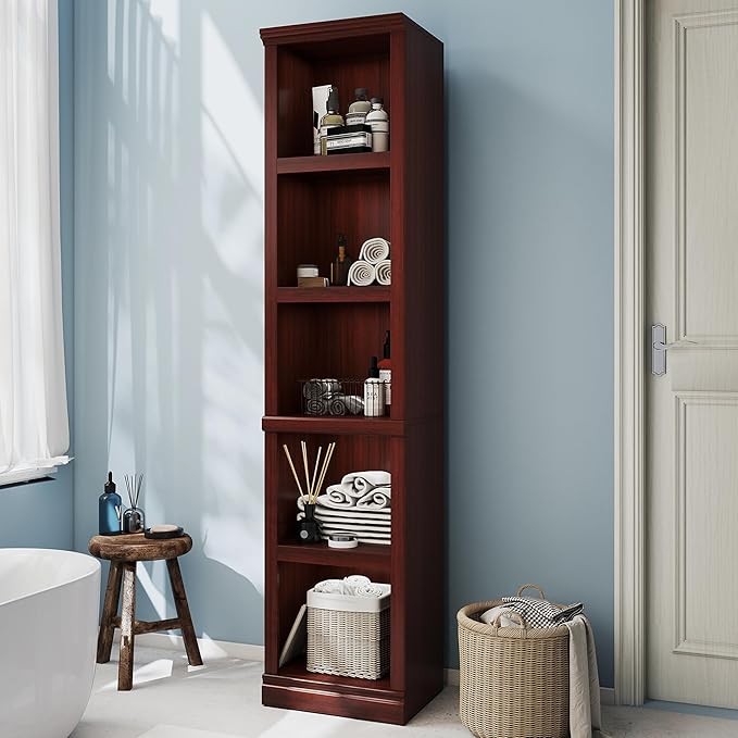70" Tall Bookcase, Mahogany Narrow Floor Standing Bookshelf, 5 Tier Shelves Open Storage Organizer, Book Case for Living Room Hallway Kitchen Home Office Bathroom, Mahogany - 5 Tier