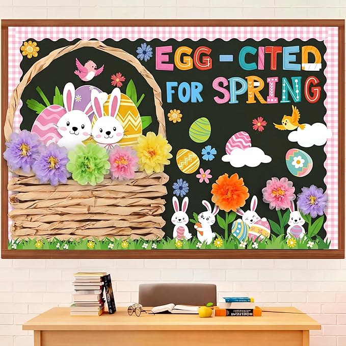 Pasimy 72 Pcs Spring Easter Bulletin Board Decorations 3D Egg Bunny Flowers Paper Cutouts Classroom Decors Egg Cited for Spring with Grass Flowers Birds Bunny for Home Nursery School Party Supplies