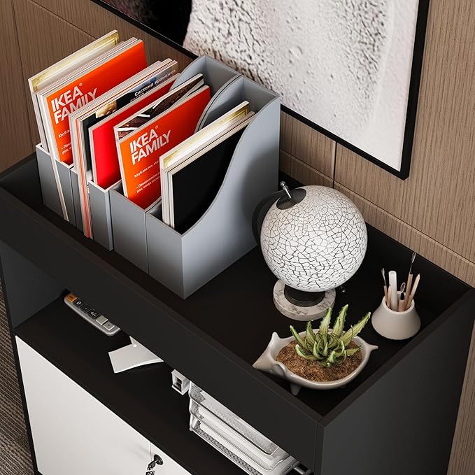 WOODTIME 31.5" W Lateral File Cabinet with Lock, Adjustable Shelves, Top Compartment, Open Shelf & 2 Drawers, Wooden Filing Organization Storage Cabinet for Office Garage, White & Black