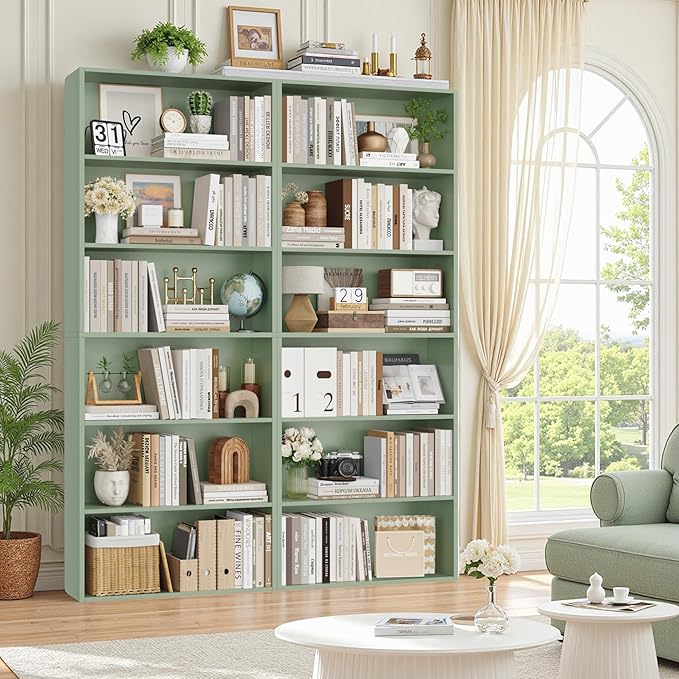 FOTOSOK 6-Tier Open Bookcase and Bookshelf Set of 2, Freestanding Display Storage Shelves Tall Bookcase for Bedroom, Living Room and Office,Green