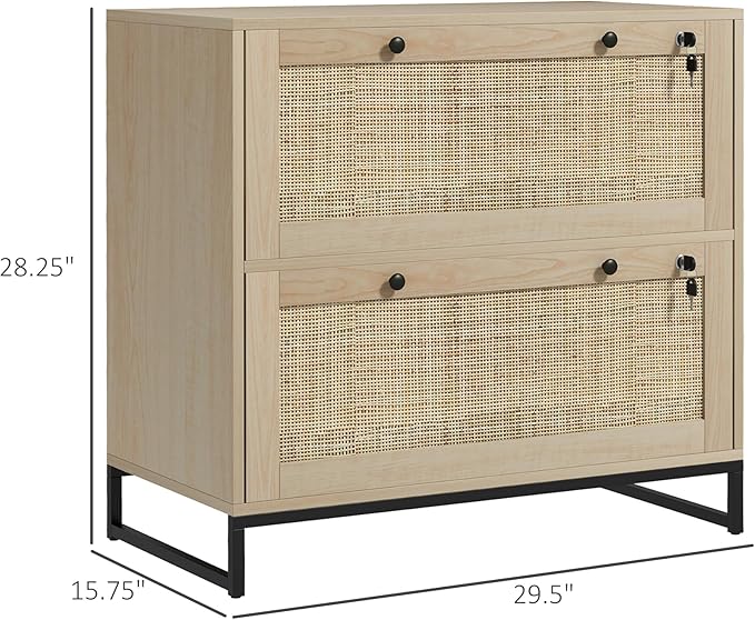 2 Drawer File Cabinet with Lock and 2 Keys,Natural Vertical Filing Cabinet with Adjustable Hanging Bar,Rattan Panels File Organizer for Home Office