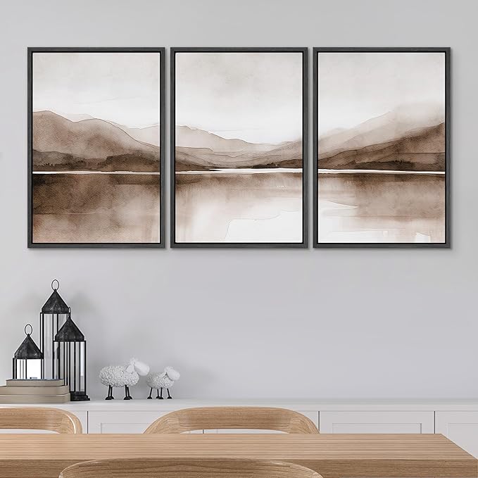 SIGNWIN Framed Canvas Print Wall Art Mountain Landscape Modern Minimalist Brown and Gray Watercolor Nature Wilderness Modern Art Cool for Living Room, Bedroom, Office - 24"x36"x3 Black